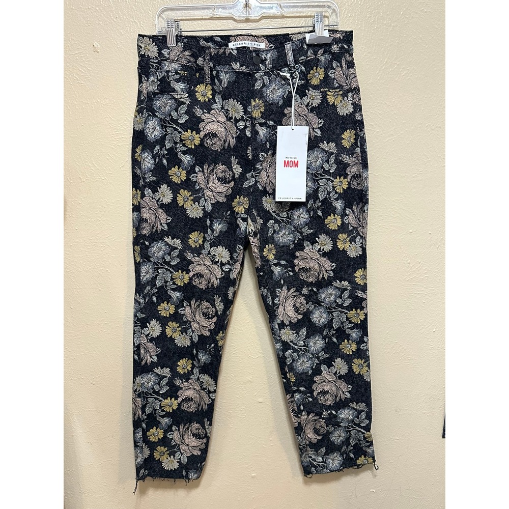 CELEBRITY PINK Mom Jeans Floral Print High Rise Cropped Distressed Size 11 30